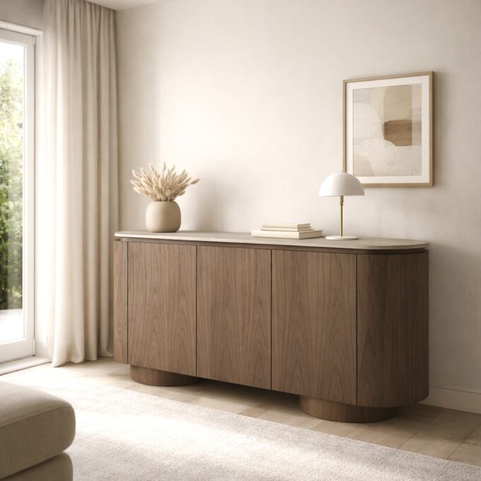 Buffet 3 portes en bois teinté noyer avec plateau effet travertin PORTOFINO