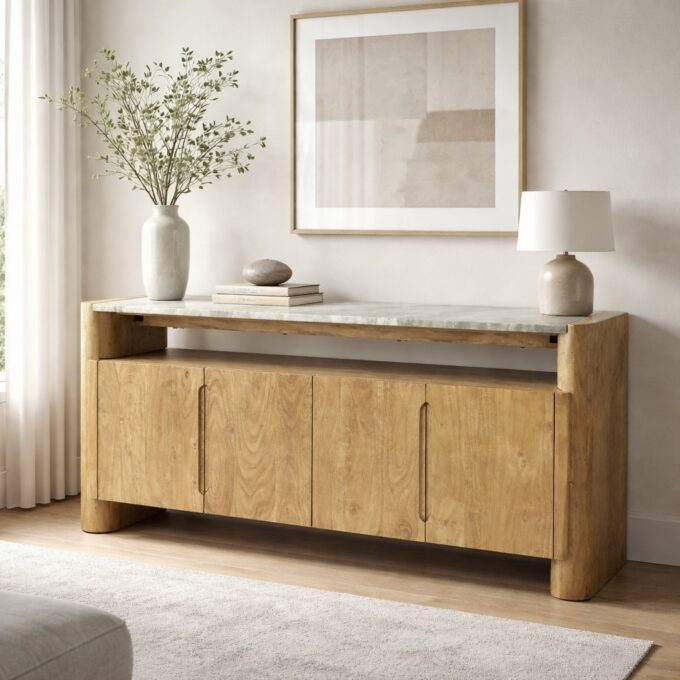 Buffet 4 portes en bois d'acacia et plateau en marbre TELLARO