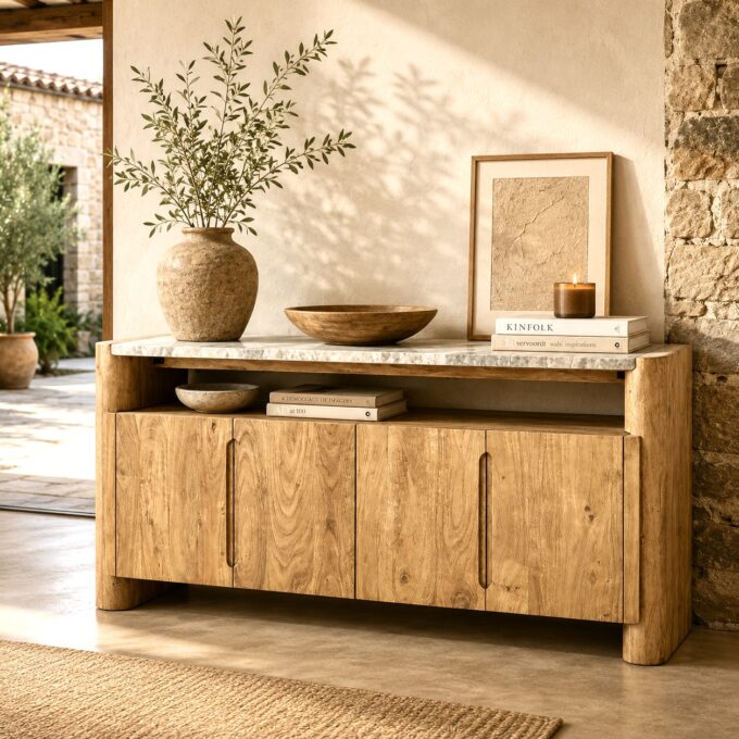 Buffet 4 portes en bois d'acacia et plateau en marbre TELLARO