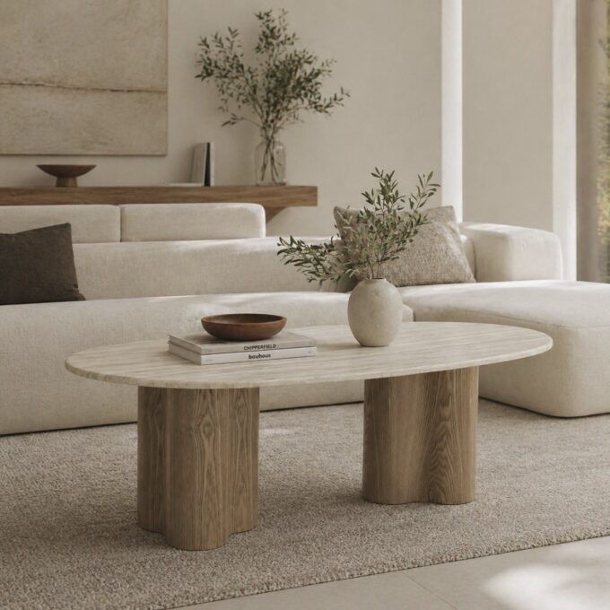 Table basse contemporaine pieds cylindriques et plateau effet travertin CHIAVARI