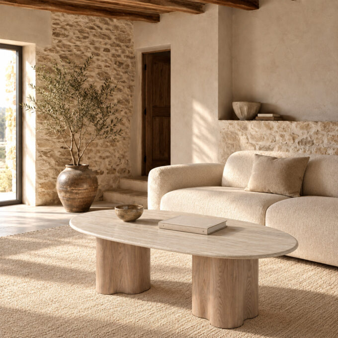 Table basse contemporaine pieds cylindriques et plateau effet travertin CHIAVARI