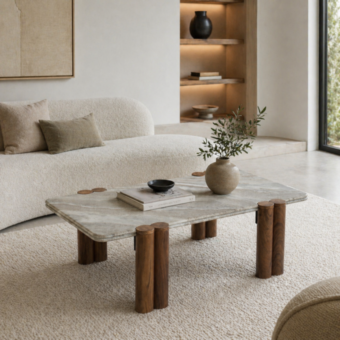 Table basse en bois massif et plateau en marbre gris BRUGNATO