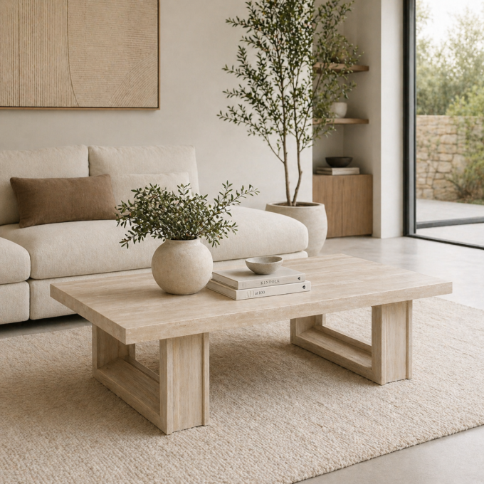 Table basse grand format en travertin et bois clair LA SPEZIA 160 cm