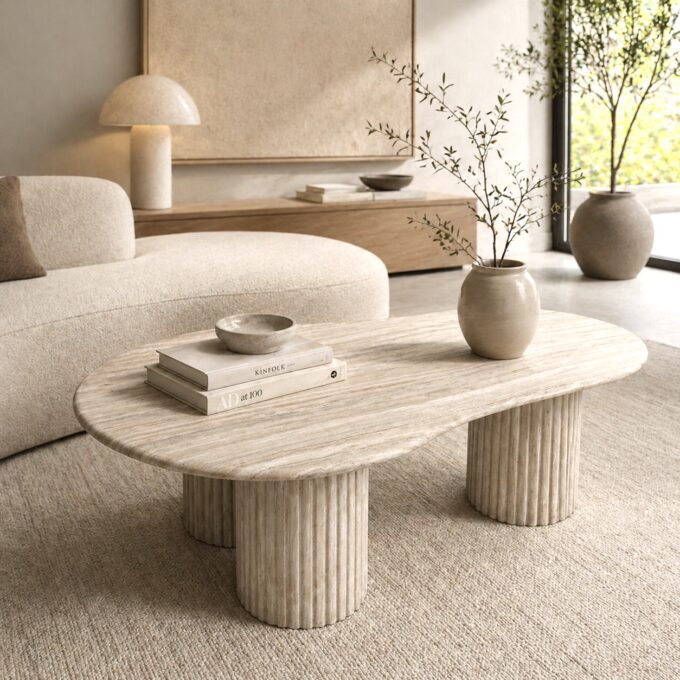 Table basse au design sculptural effet travertin ST JEAN CAP FERRAT L 130 cm