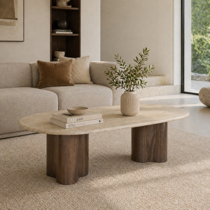 Table basse contemporaine pieds cylindriques et plateau effet travertin PORTOFINO