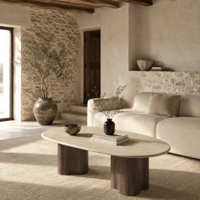 Table basse contemporaine pieds cylindriques et plateau effet travertin PORTOFINO