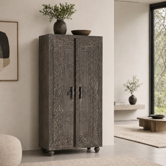 Armoire 2 portes en bois foncé sculpté MARCO POLO