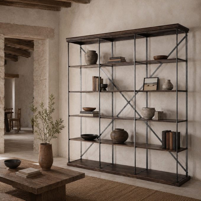Bibliothèque en métal brut et bois foncé GENOVA