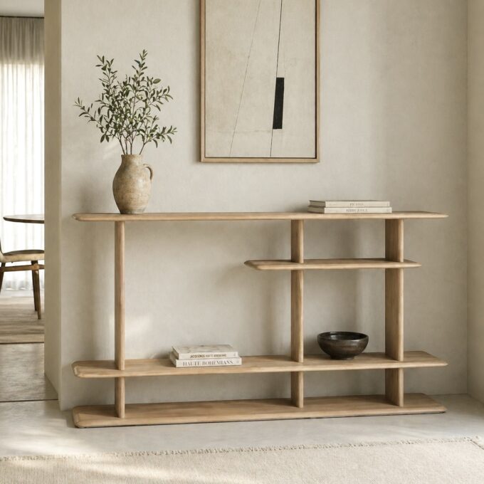 Bibliothèque basse contemporaine en bois d’hévéa naturel ARCOLA
