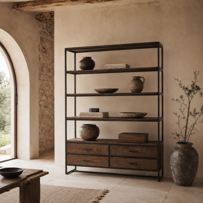 Bibliothèque en métal brut et bois d’acacia marron TOIRANO