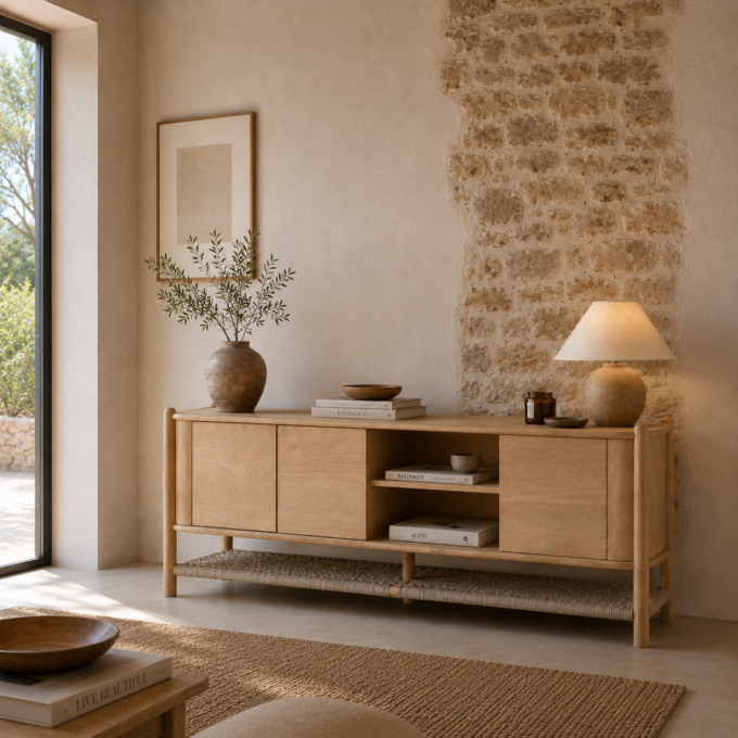 Meuble TV en bois d’acacia corde au style naturel et contemporain PORTBOU