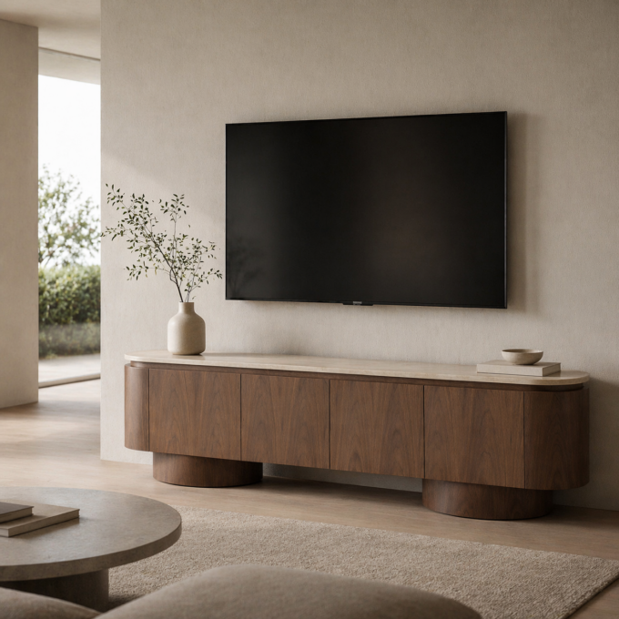 Meuble TV en bois brun et plateau pierre effet travertin PORTOFINO