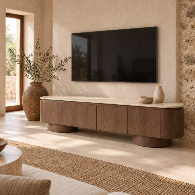 Meuble TV en bois brun et plateau pierre effet travertin PORTOFINO