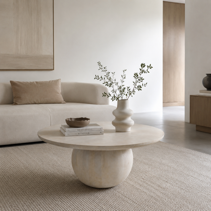 Table basse sculpturale en bois naturel d’acacia blanchi HAMPTONS