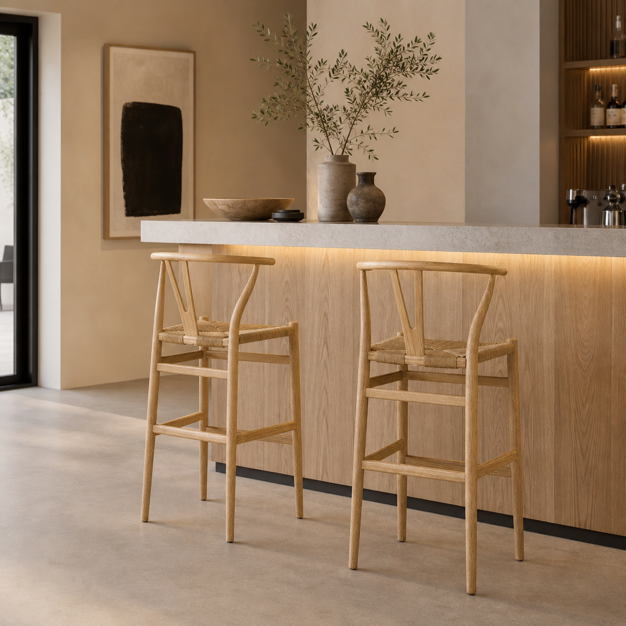 Lot de 2 tabourets en  en orme et fibre naturelle KYOTO h 75
