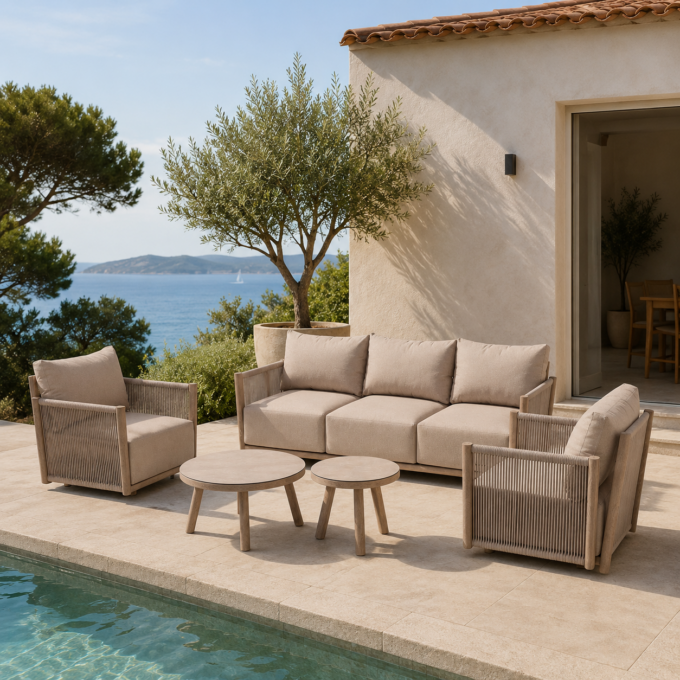 Salon de jardin contemporain en aluminium effet bois et tissu beige MONESTEROLI