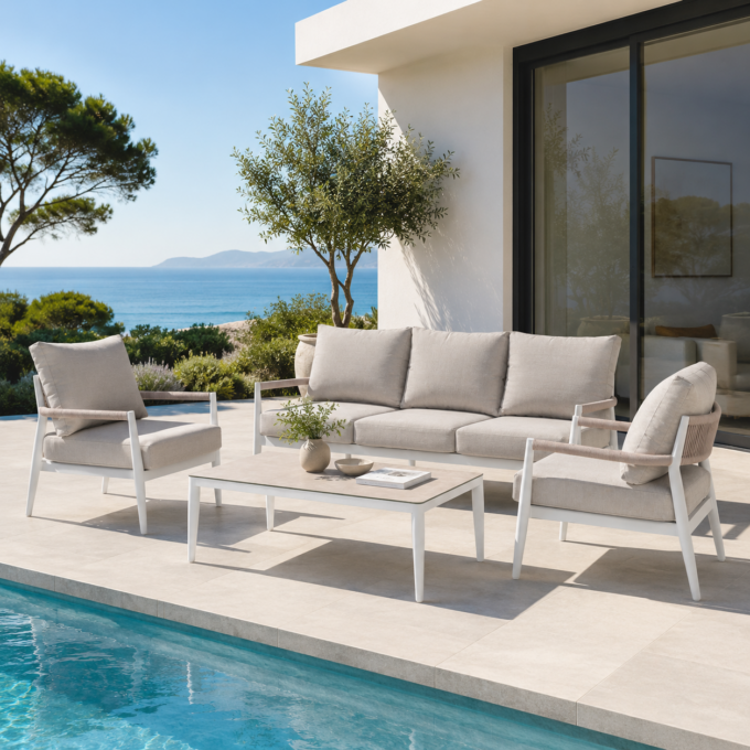 Ensemble salon de jardin design en aluminium blanc et corde tressée ALCUDIA