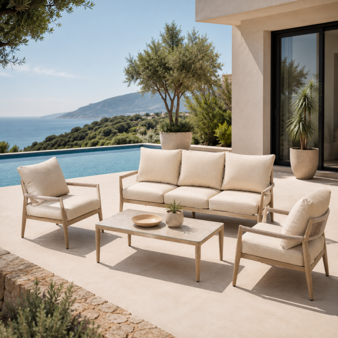 Ensemble salon de jardin design en aluminium effet bois et corde tressée POLLENÇA