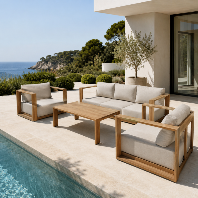 Salon de jardin 5 places en aluminium effet bois ALICANTE