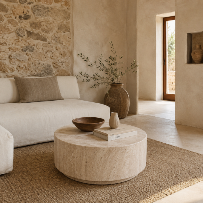 Table basse ronde effet travertin BOSPHORE 70 cm
