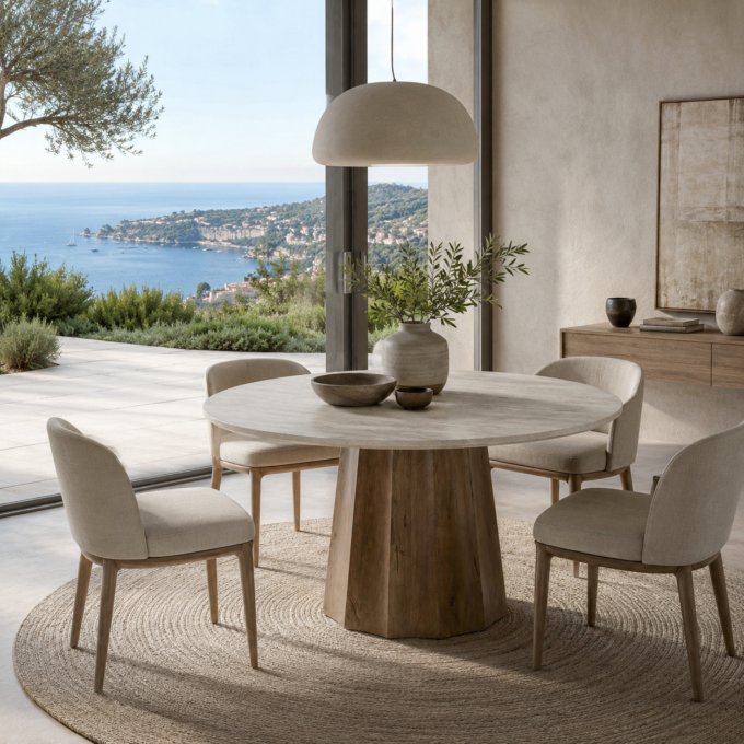 Table de repas ronde 120 cm en manguier et travertin beige SAINTE MAXIME