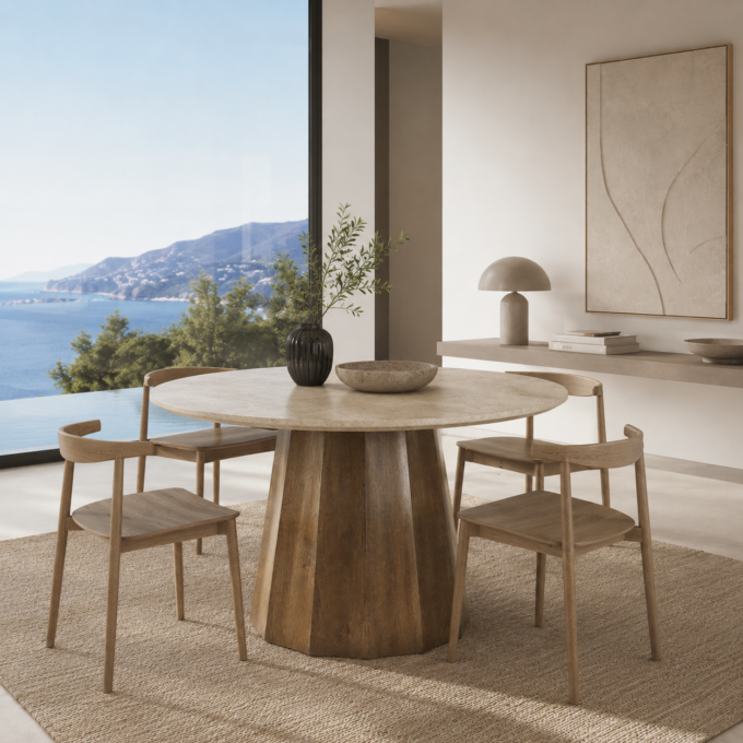 Table de repas ronde 120 cm en manguier et travertin beige SAINTE MAXIME