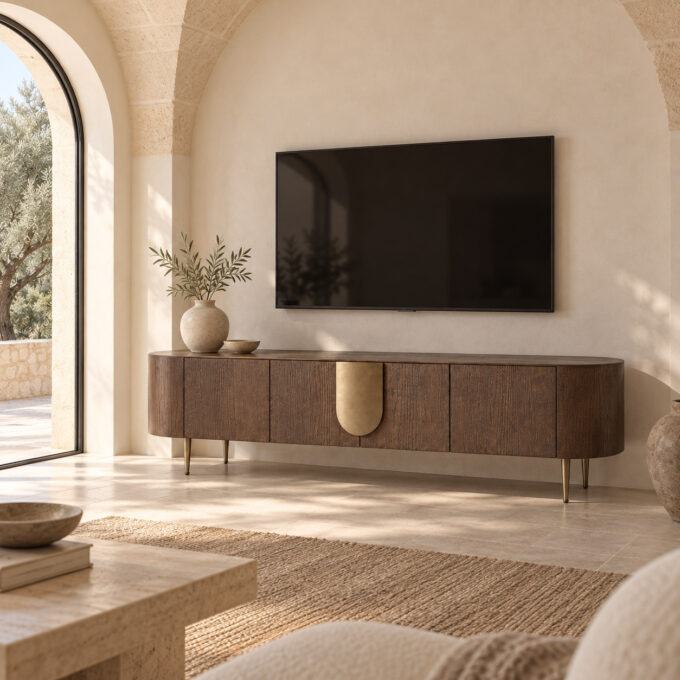 Meuble TV contemporain en chêne brun et métal doré BANYULS