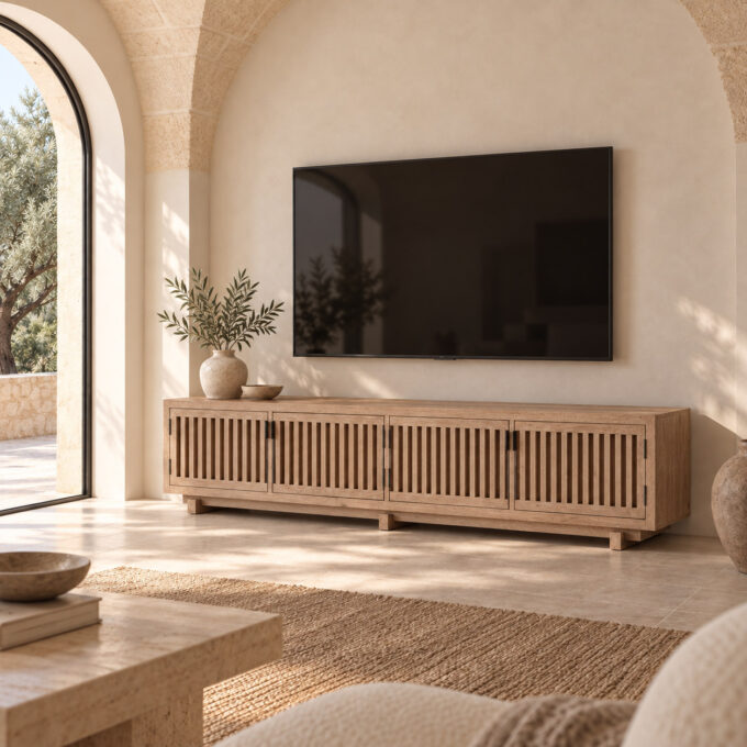 Meuble TV en bois de mangue sablé ajouré 253 cm PERSIENNE