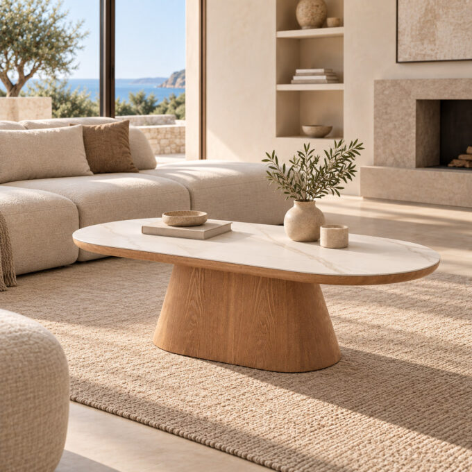 Table basse ovale en céramique marbre blanc et chêne OLBIA
