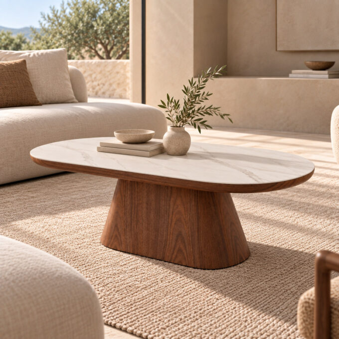 Table basse ovale en céramique marbre blanc et noyer ALGHERO