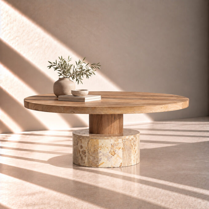 Table basse ronde en bois et marbre beige VAL D'ORCIA Ø 90 cm