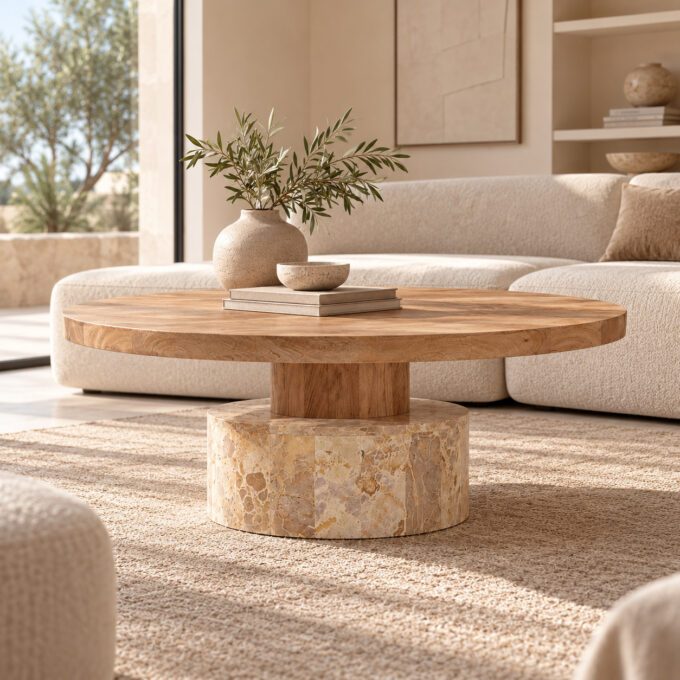 Table basse ronde en bois et marbre beige VAL D'ORCIA Ø 90 cm