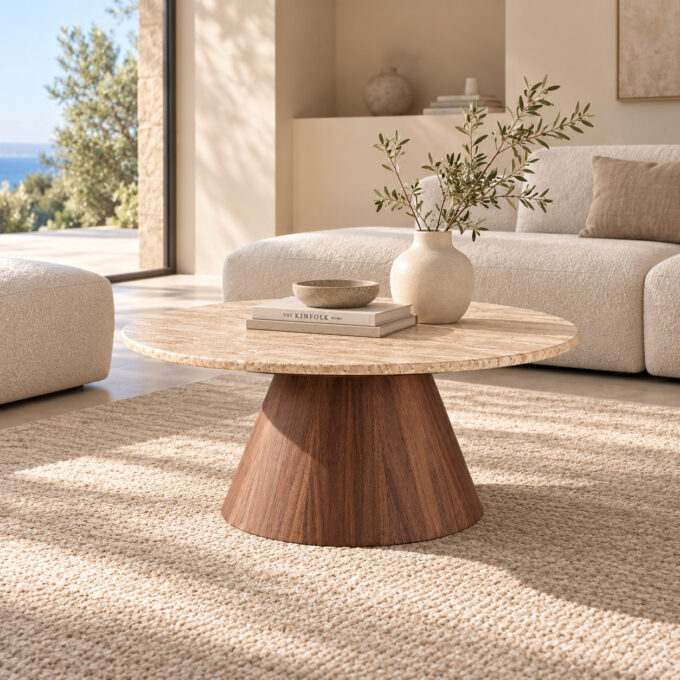 Table basse ronde en effet travertin beige et noyer PILAT Ø 90 cm