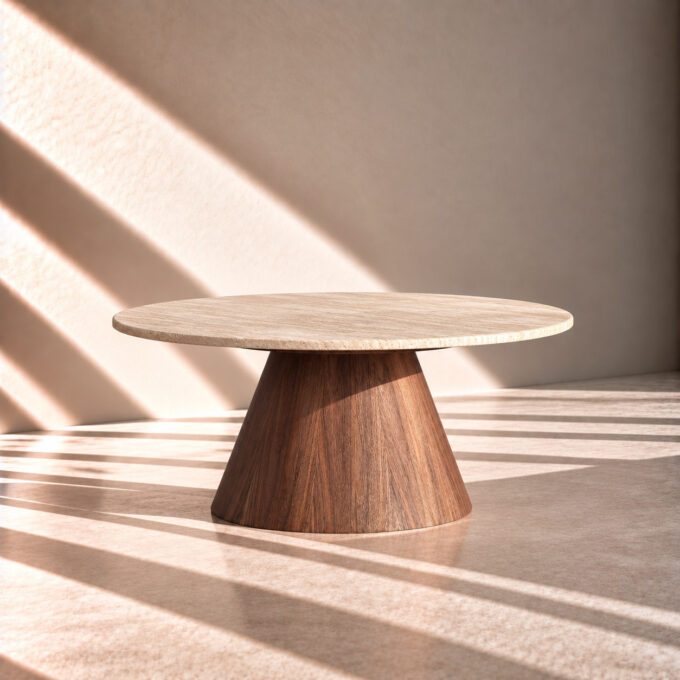 Table basse ronde en effet travertin beige et noyer PILAT Ø 90 cm
