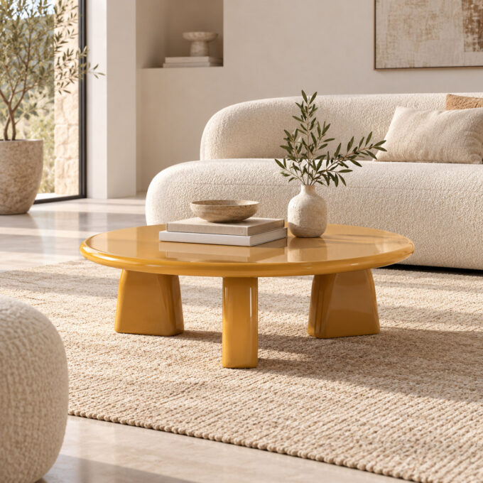 Table basse ronde en bois laqué moutarde PALAMOS Ø 80 cm