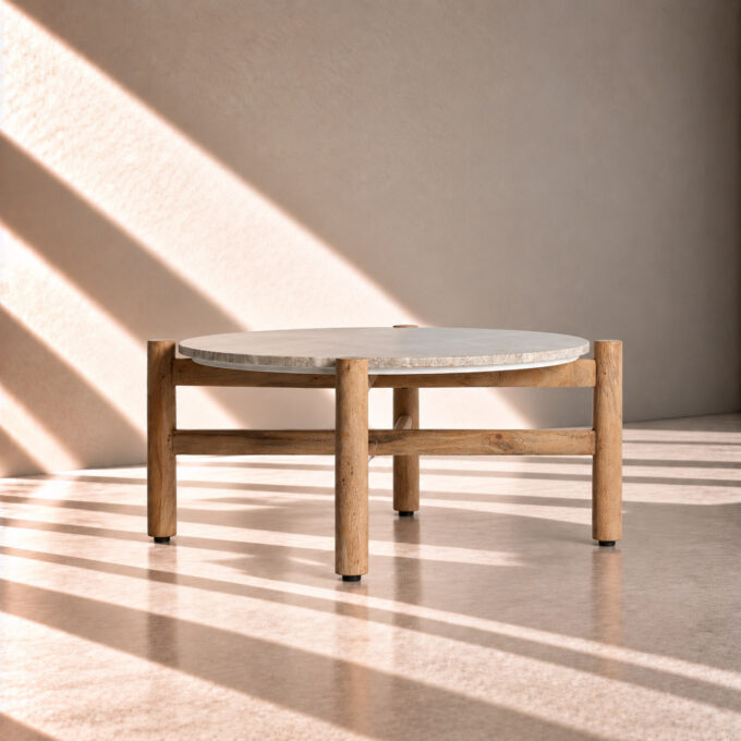 Table basse ronde en bois et marbre SALAGOU Ø 68 cm