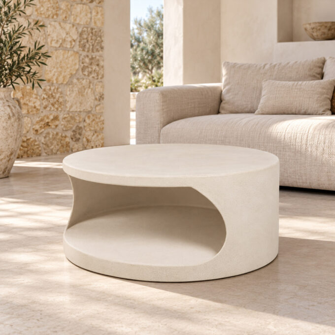 Table basse ronde effet béton en MDF Ø 80 cm avec rangement RONDA